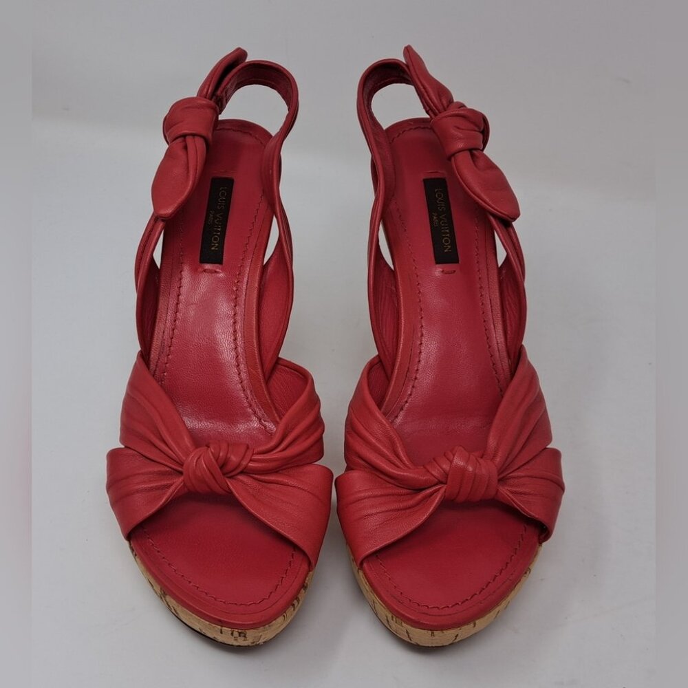 Louis Vuitton Red Leather Platform Slingback Sandals Deerskin Cork 37.5 EU / 7.5 - Picture 13 of 16